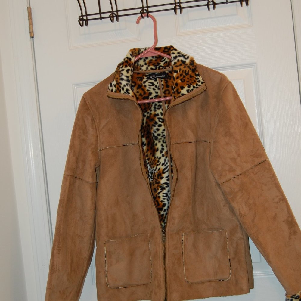 E Studio Women's Leopard Lined Long Sleeve Suede Zipper Jacket No Size Tag (S-M)